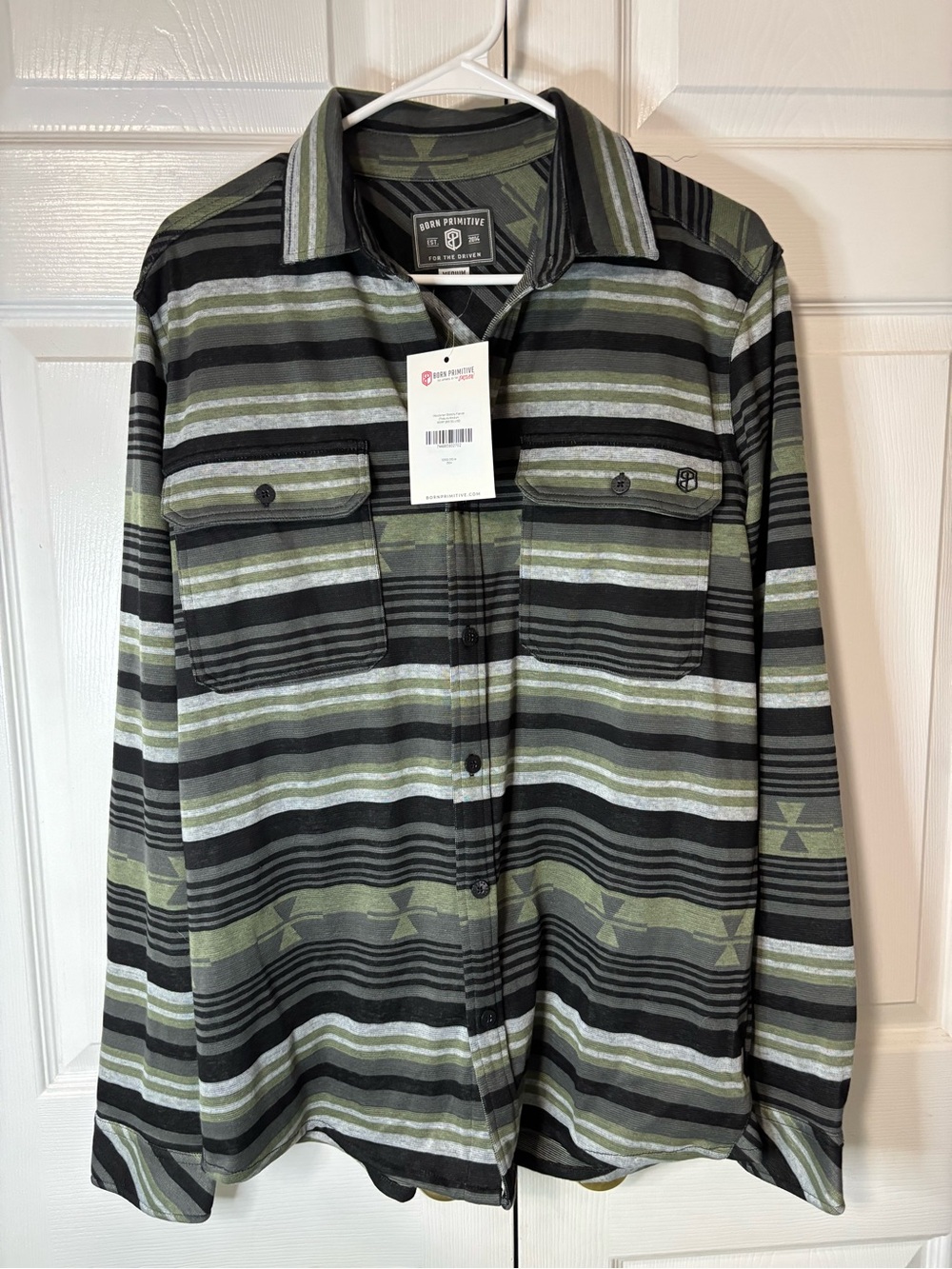 Born Primitive Men's Olive and Black Striped Button-Up Shirt Jacket Sz M New